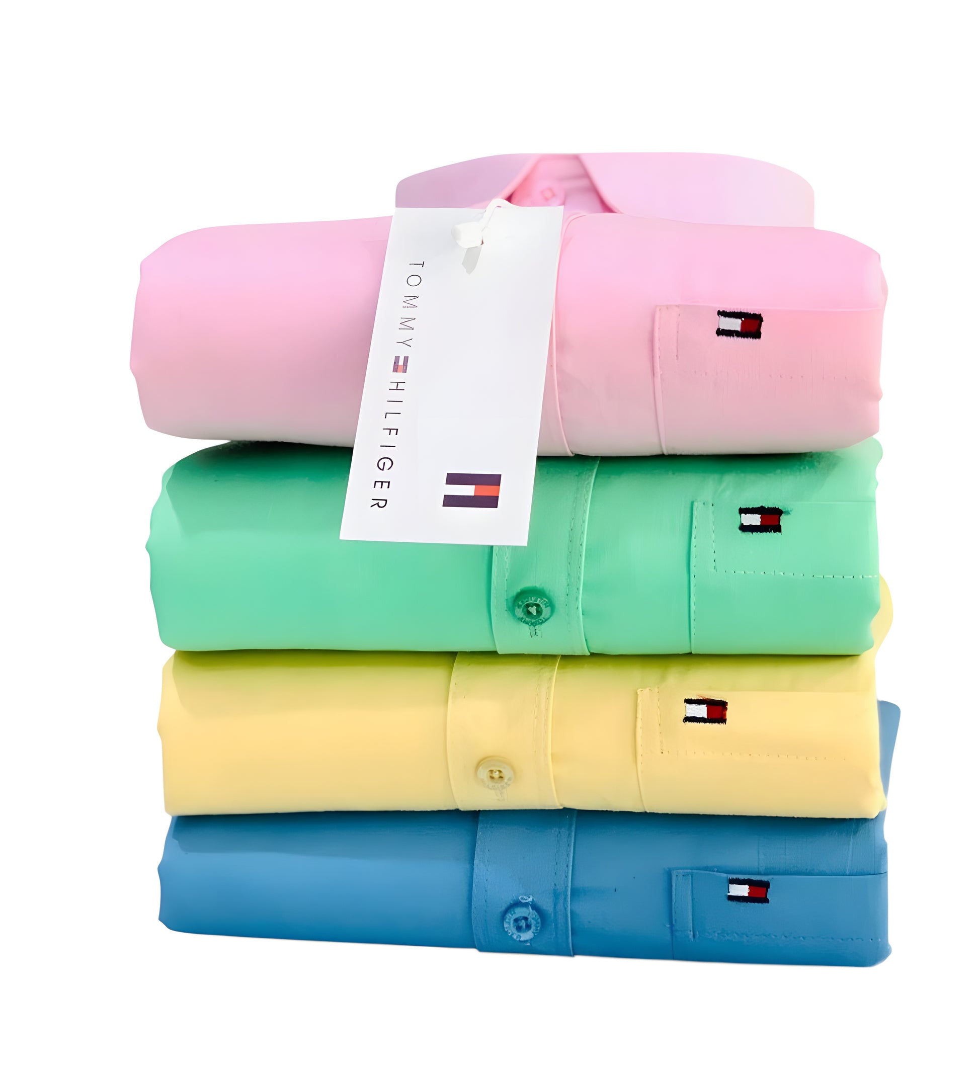 Stack of folded shirts in pink, green, yellow, and blue with a Tommy Hilfiger tag
