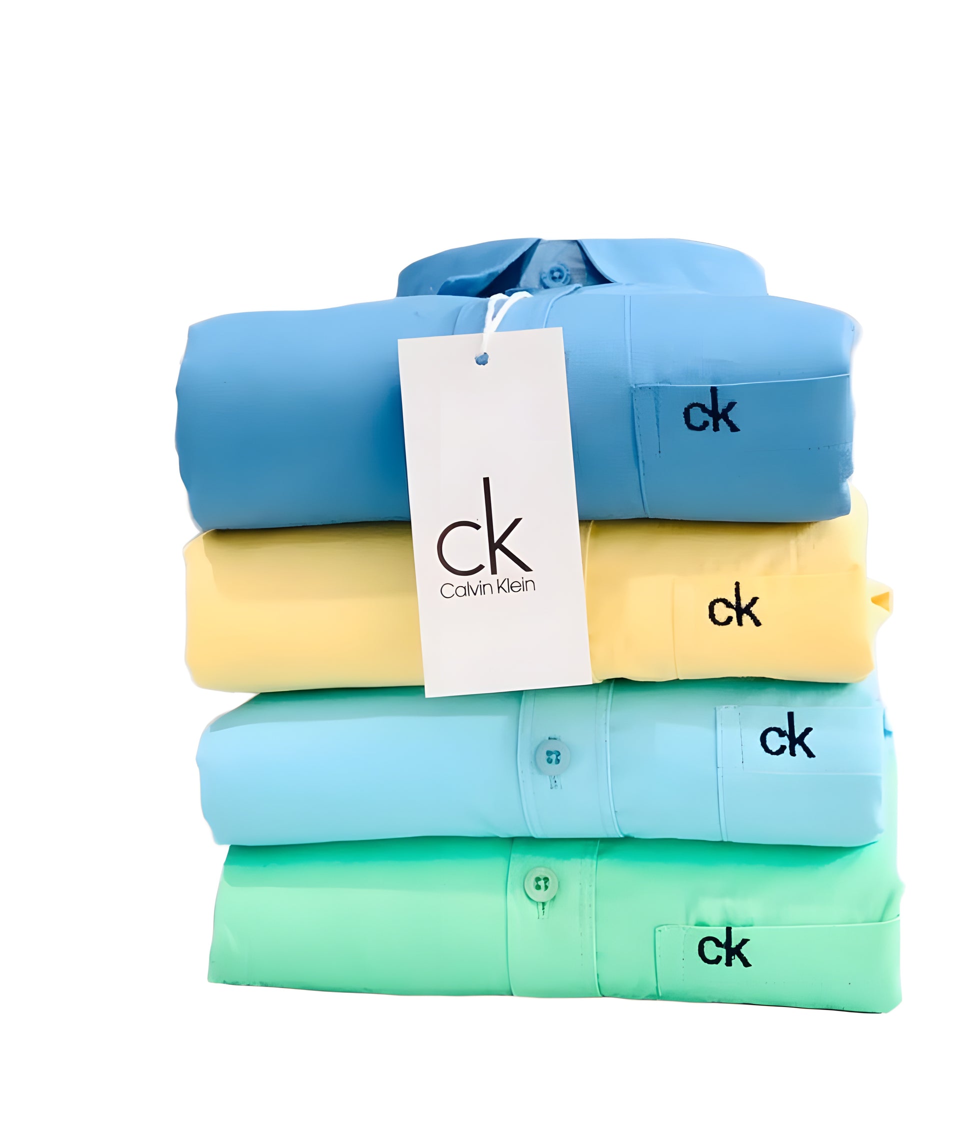 Stack of folded Calvin Klein shirts in blue, yellow, light blue, and green with a visible tag.