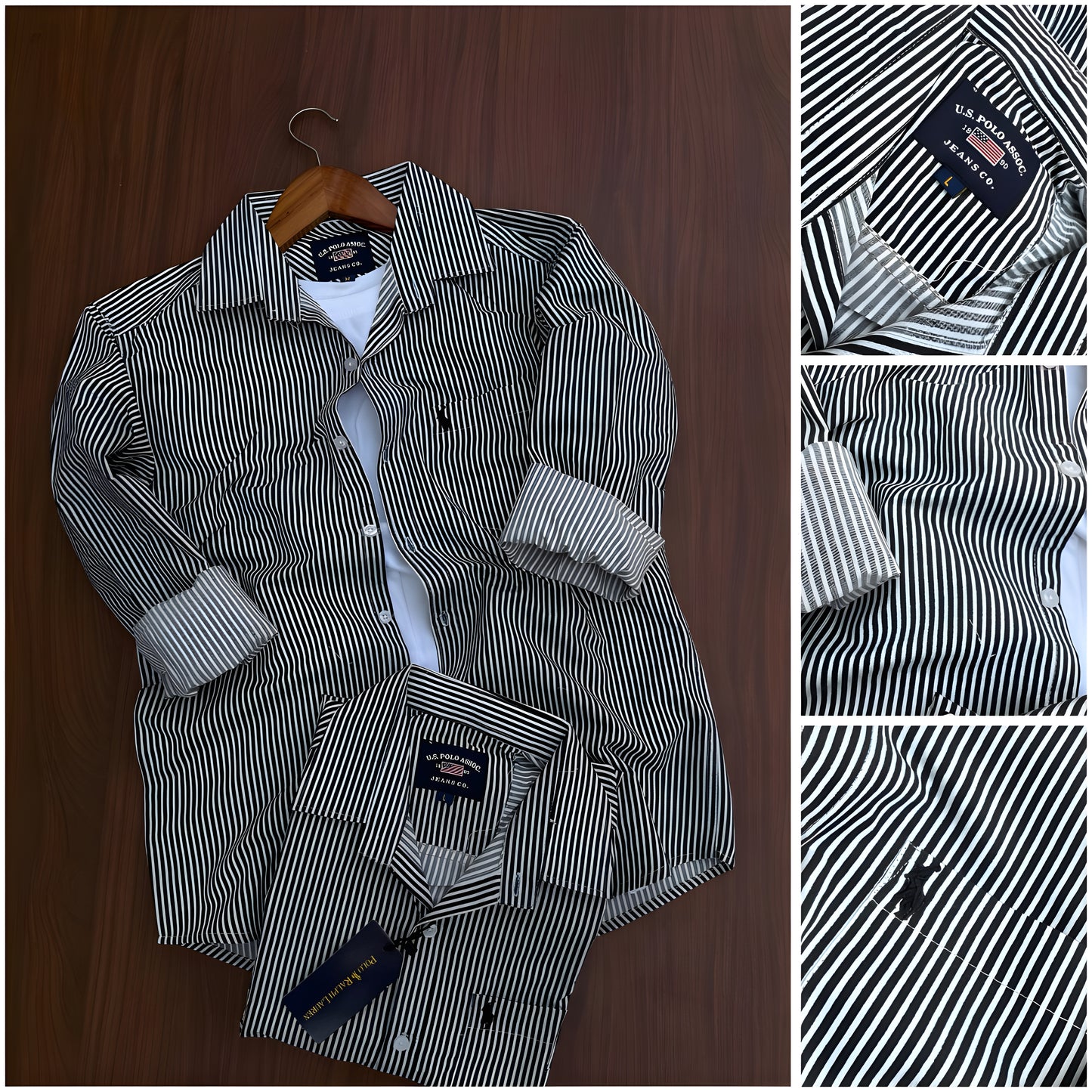 Black and white striped shirt with brand logo on a wooden surface, surrounded by close-up images of the shirt.