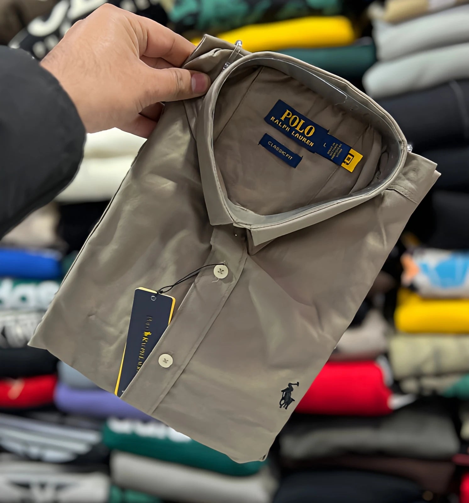 Taupe Polo Ralph Lauren men’s button-down shirt with embroidered polo logo, classic fit