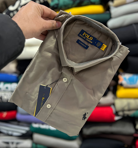 Taupe Polo Ralph Lauren men’s button-down shirt with embroidered polo logo, classic fit