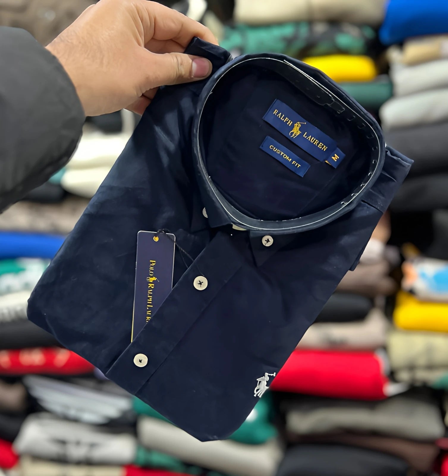 Navy blue Ralph Lauren men’s button-down shirt with embroidered polo logo, custom fit