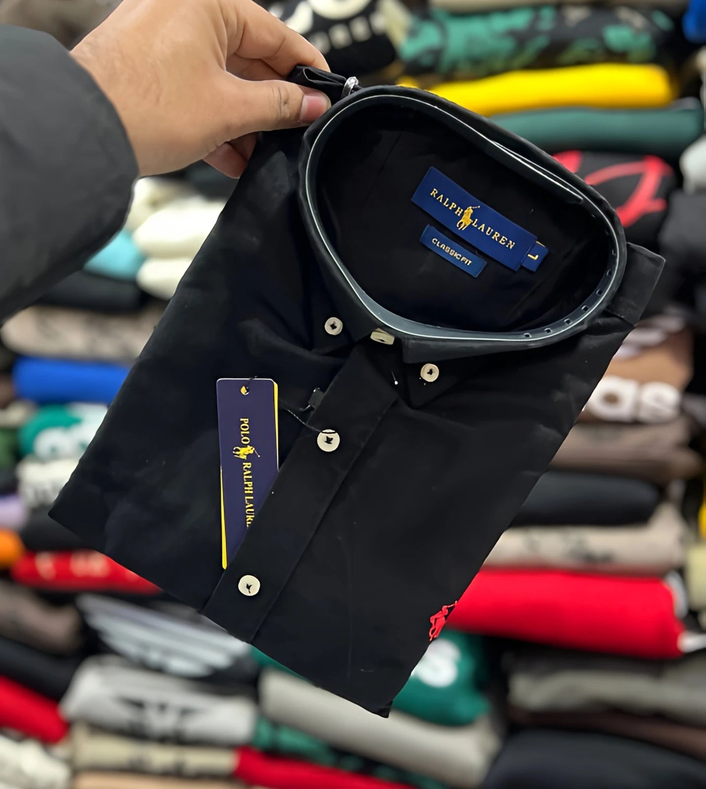 Black Polo Ralph Lauren men’s formal shirt featuring a classic collar and premium cotton fabric