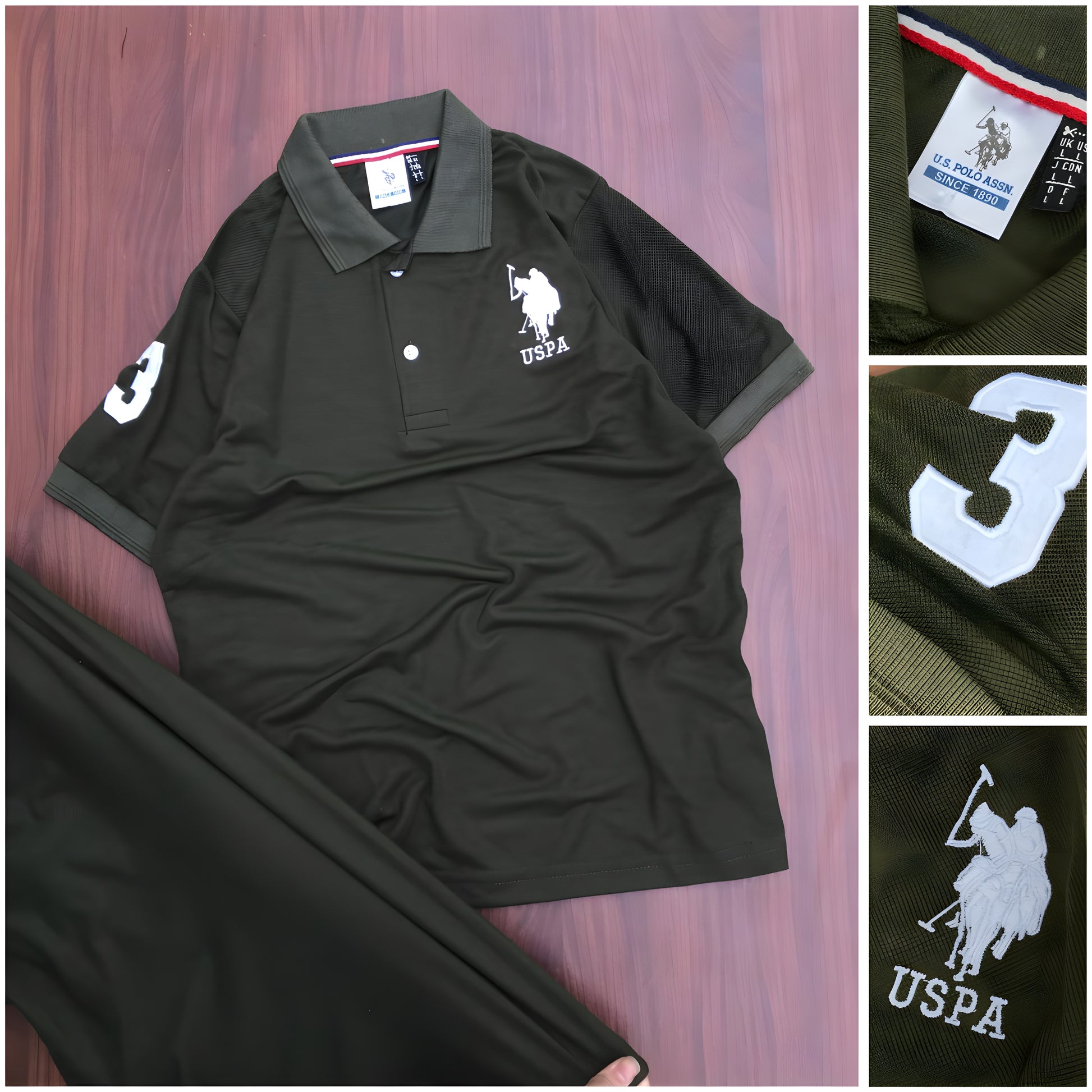 Dark Grey polo matty collar t-shirt with USPA logo 