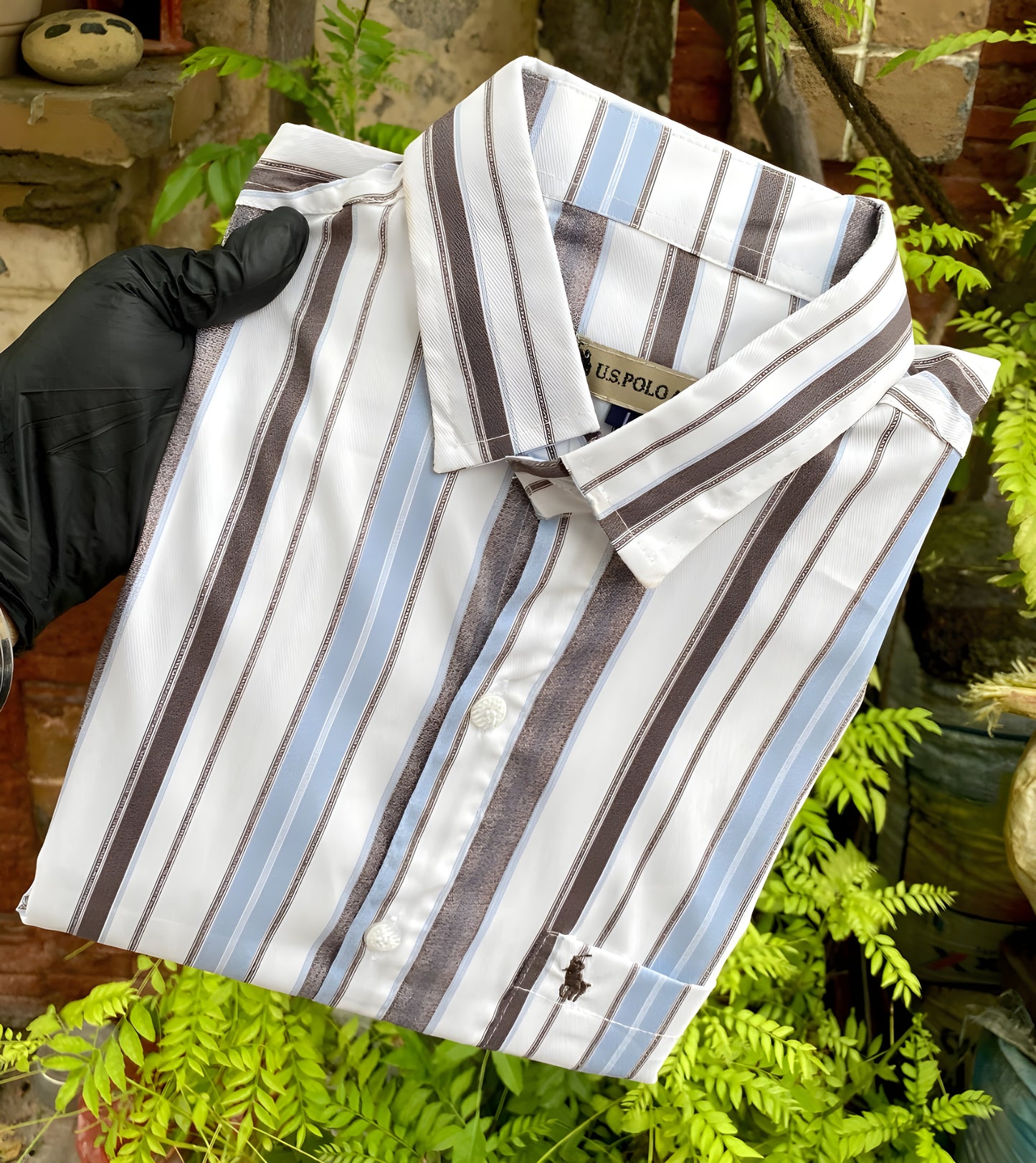 Men’s Striped Casual Shirt – White & Blue Brown