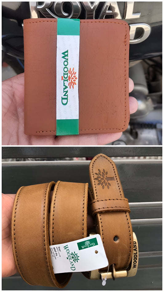 Woodland Tan Wallet & Belt Combo for Men – Genuine Leather