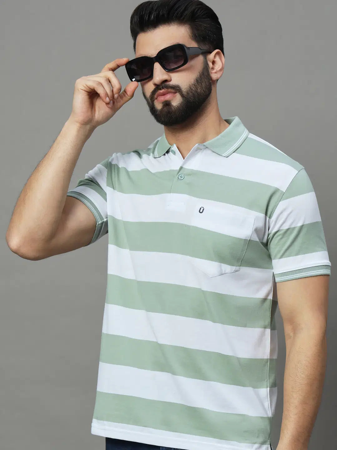 Cotton Blend Regular Fit Striped Half Sleeves Men's Polo T Shirt