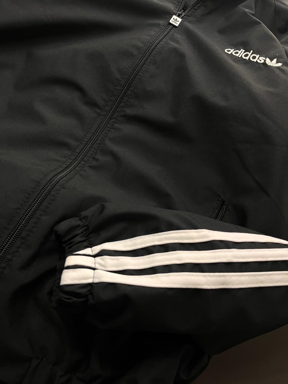 Retro Black Track Jacket with White Stripes – Adidas-Inspired Athletic Windbreaker | Vintage Sportswear Style