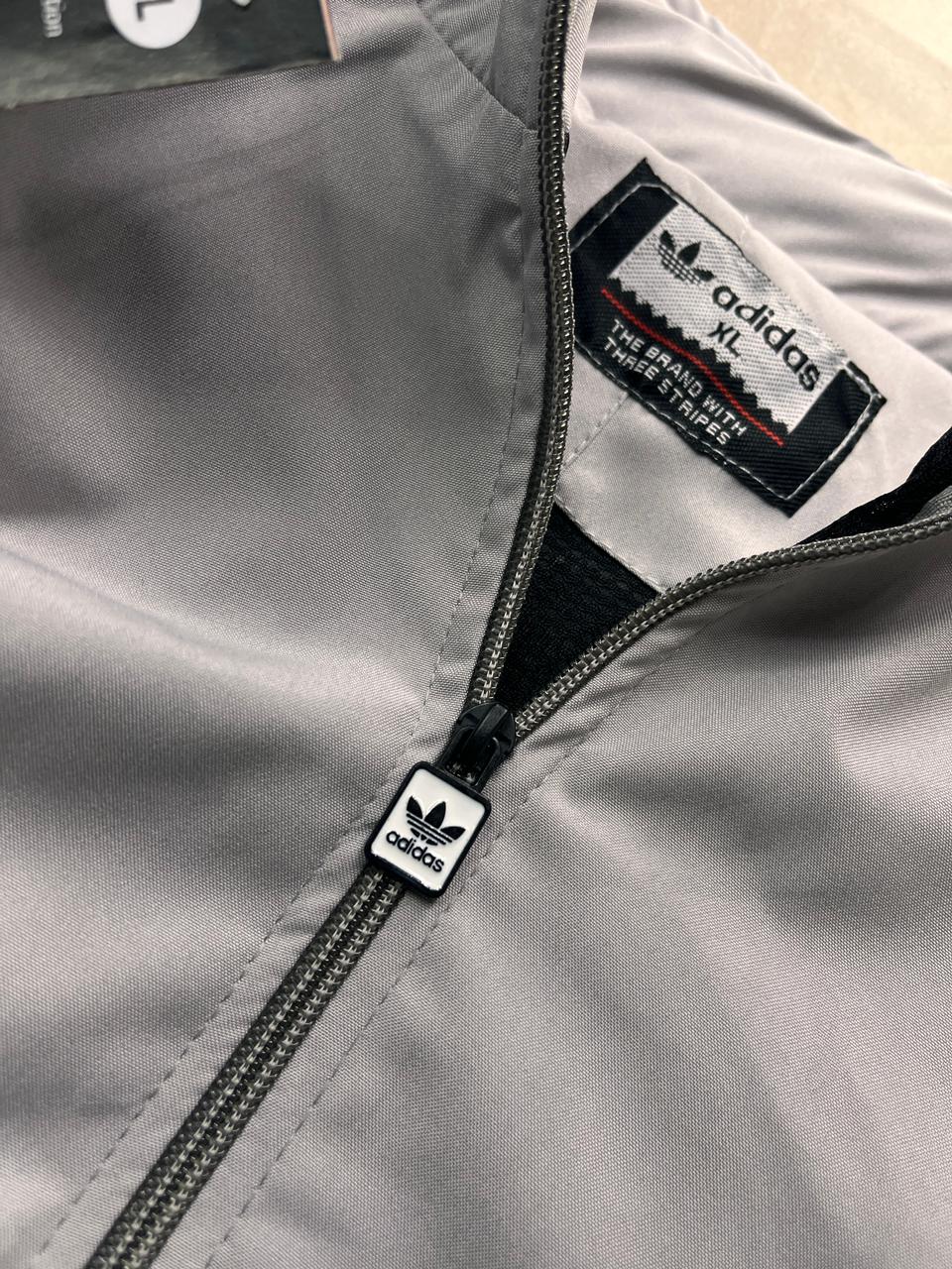 Retro Grey Track Jacket with Black Stripes – Adidas-Inspired Athletic Windbreaker | Vintage Sportswear Style