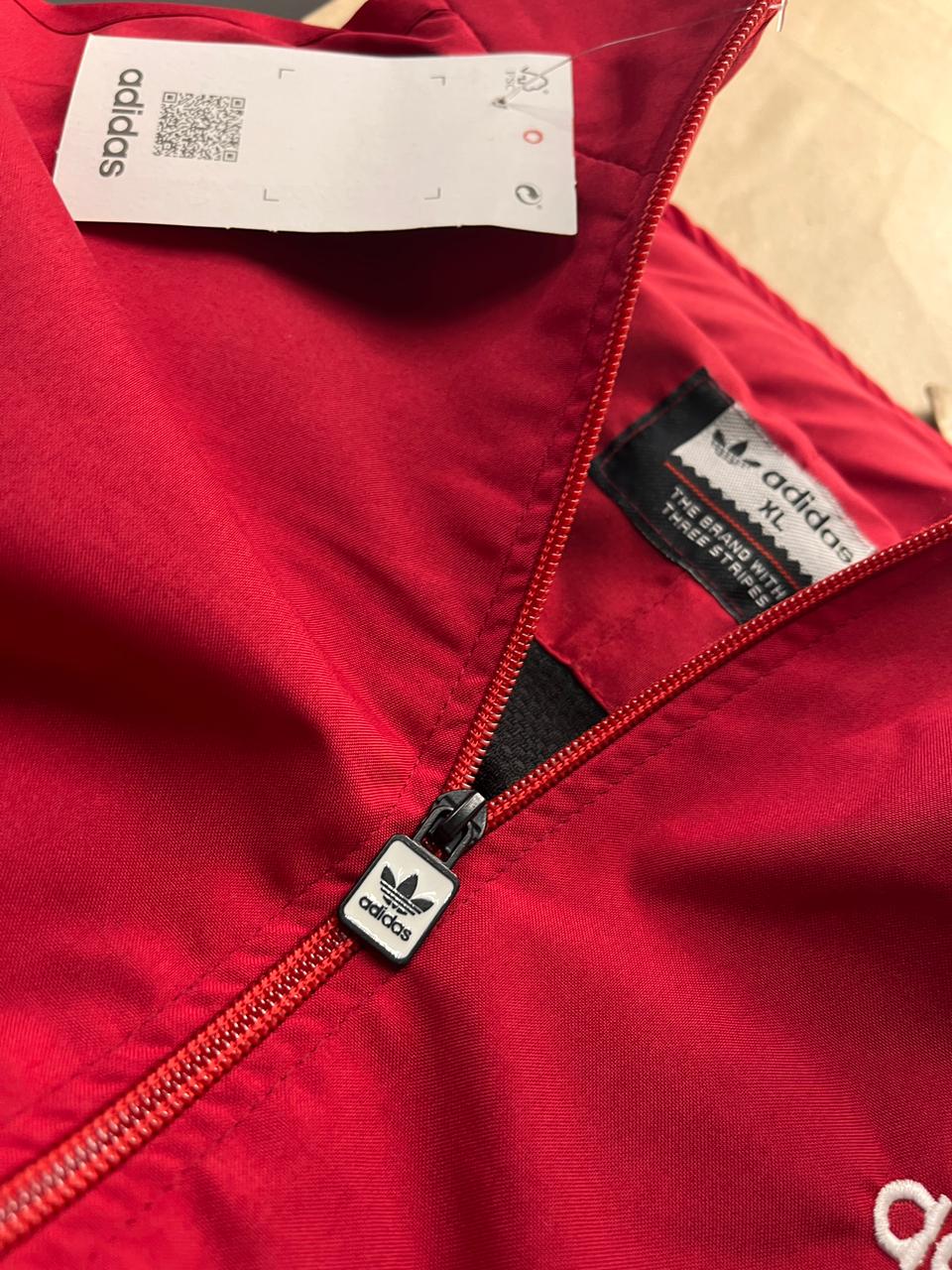 Retro Red Track Jacket with White Stripes – Adidas-Inspired Athletic Windbreaker | Vintage Sportswear Style