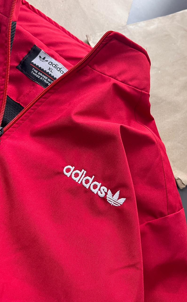 Retro Red Track Jacket with White Stripes – Adidas-Inspired Athletic Windbreaker | Vintage Sportswear Style