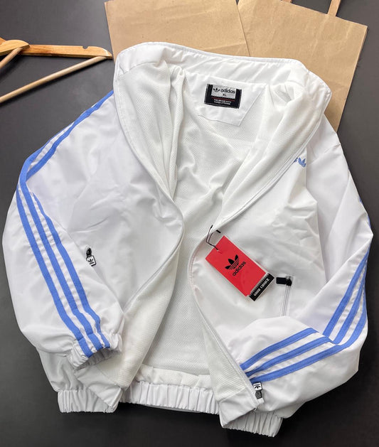 Retro White Track Jacket with Blue Stripes – Adidas-Inspired Athletic Windbreaker | Vintage Sportswear Style